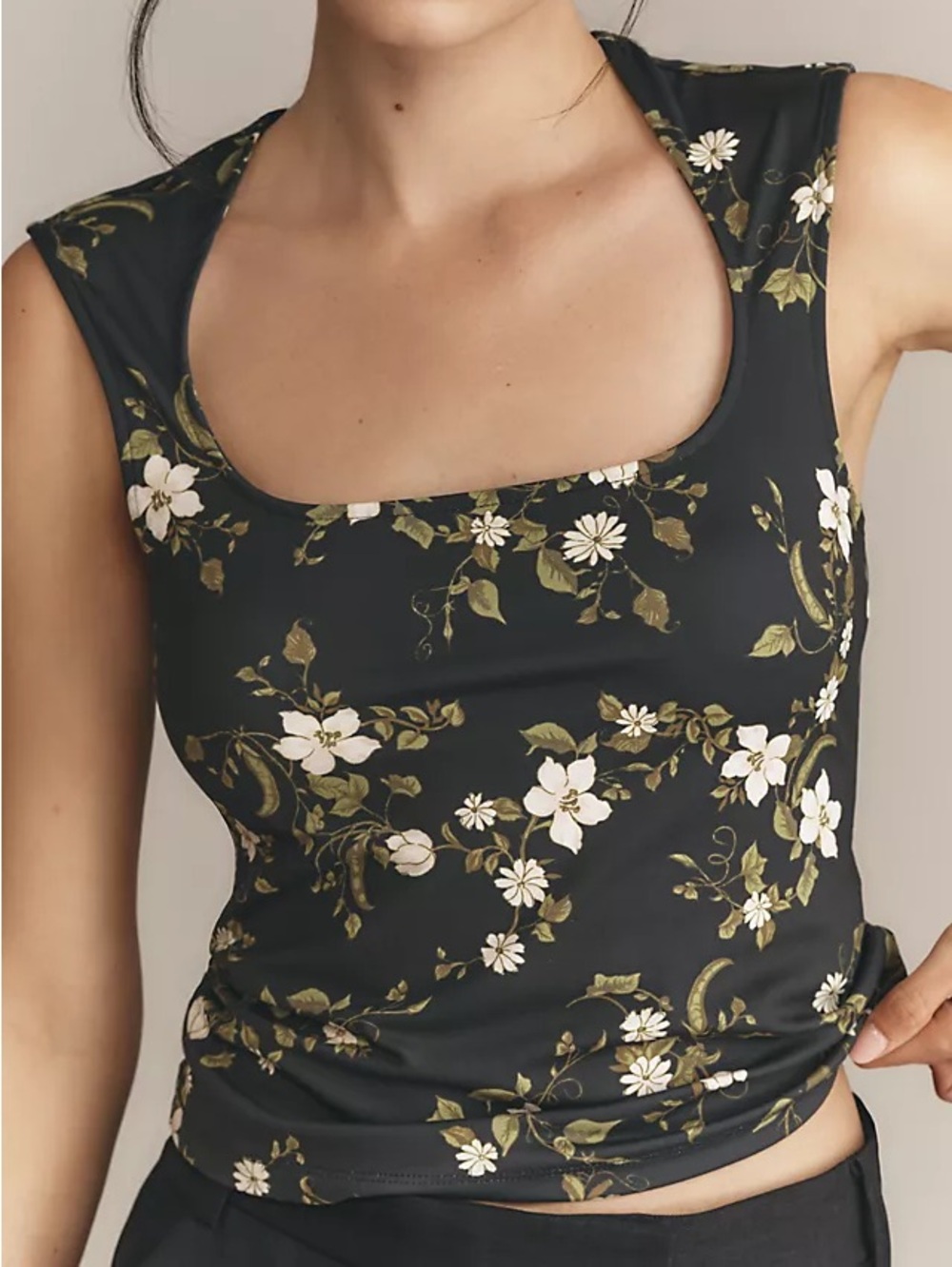 Maeve Anthropology Black Floral Tank Top | Cap Sleeve Cut-In Top | Size Large